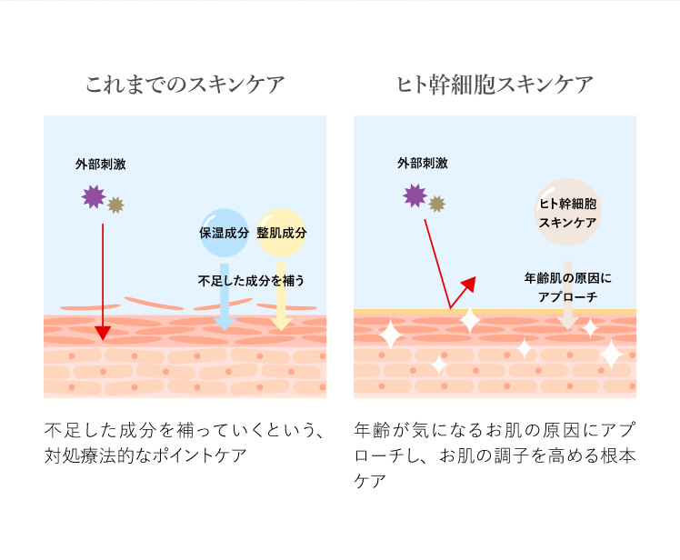 これまでのスキンケア 不足した成分を補っていくという、対処療法的なポイントケア ヒト幹細胞スキンケア 年齢が気になるお肌の原因にアプローチし、お肌の調子を高める根本ケア
