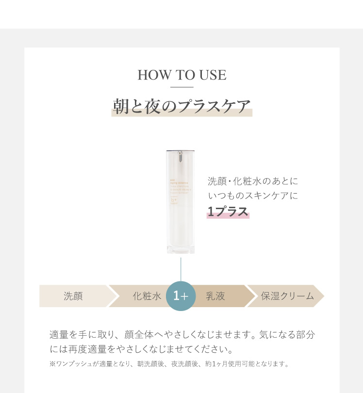 朝と夜のプラスケア 洗顔・化粧水のあとにいつものスキンケアに1プラス 適量を手に取り、顔全体へやさしくなじませます。 気になる部分には再度適量をやさしくなじませてください。